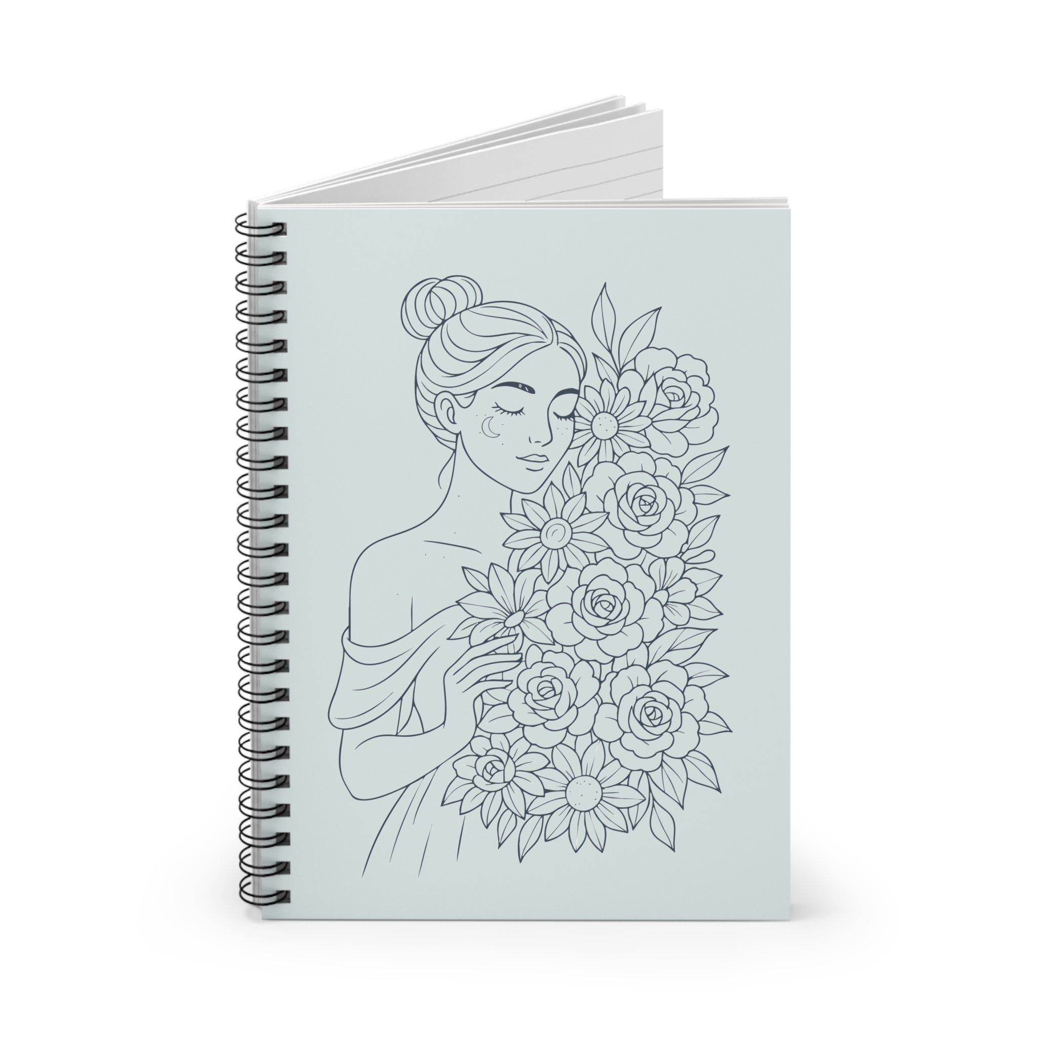 Floral Muse Spiral Notebook — Lined Journal with Elegant Woman & Rose Bouquet