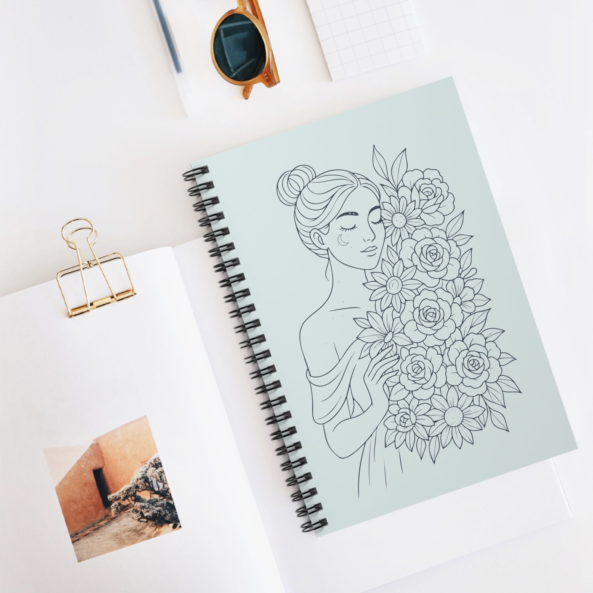Floral Muse Spiral Notebook — Lined Journal with Elegant Woman & Rose Bouquet